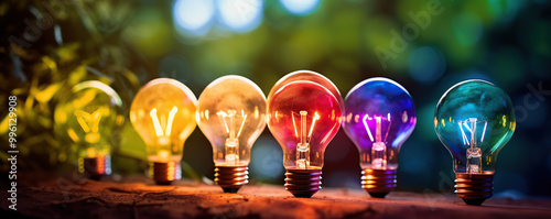 Colorful light bulbs glowing in a natural setting during dusk with a soft-focus background of greenery