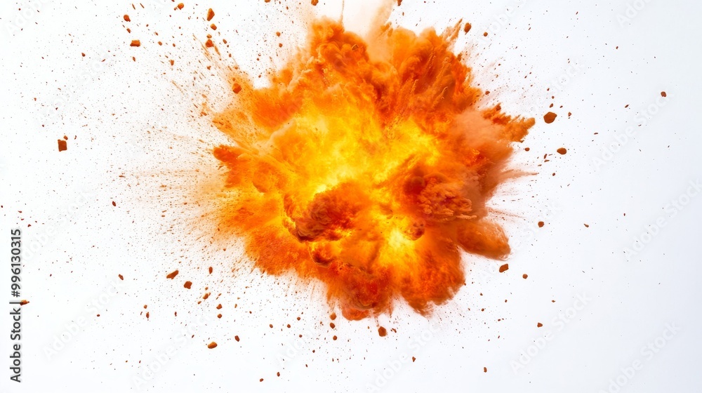 A fiery explosion bursts forth, isolated against a stark white backdrop. A fiery explosion bursts forth, isolated against a stark white backdrop.