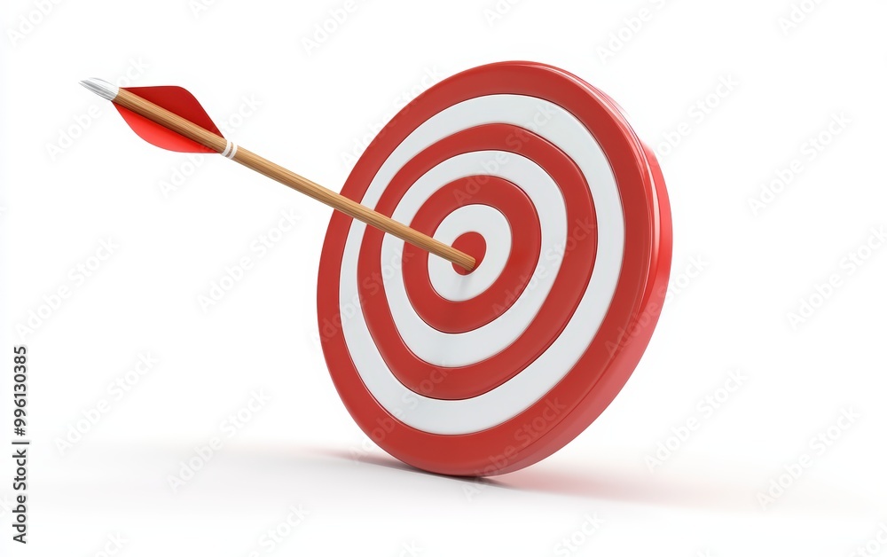 White arrow hit the center of the red target 3d icon cartoon style floating isolated on white background White arrow hit the center of the red target 3d icon cartoon style floating isolated on white background