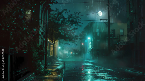 Mysterious Dark Street Illuminated by Emerald Green Light at Night with Pouring Rain and Foggy Ambiance. Faint Building Outlines and a Single Lamppost Casting Long Shadows Over the Empty Road, Creatin