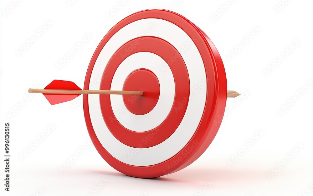 White arrow hit the center of the red target 3d icon cartoon style floating isolated on white background White arrow hit the center of the red target 3d icon cartoon style floating isolated on white background