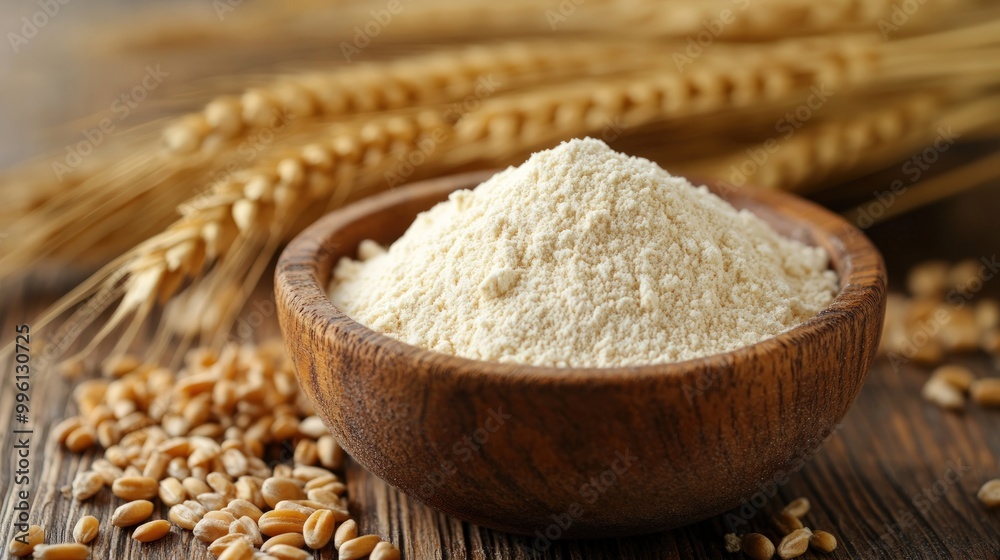 A bowl of wheat flour with wheat grains and wheat stalks in the background. A bowl of wheat flour with wheat grains and wheat stalks in the background.