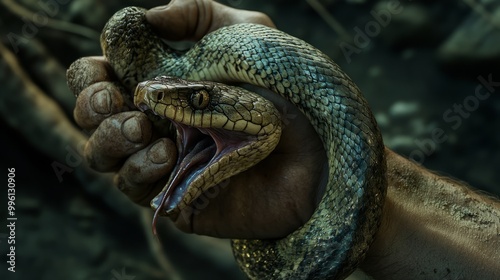 A person holds a stunning snake in their hand, showcasing the unique patterns and colors while surrounded by greenery in a serene forest setting photo