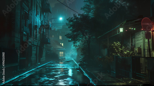 Mysterious Dark Street Illuminated by Emerald Green Light at Night with Pouring Rain and Foggy Ambiance. Faint Building Outlines and a Single Lamppost Casting Long Shadows Over the Empty Road, Creatin