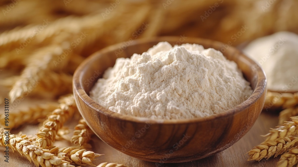 Close-up of white wheat flour in a wooden bowl with wheat stalks in the background. Close-up of white wheat flour in a wooden bowl with wheat stalks in the background.