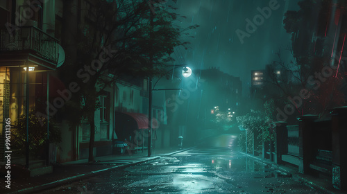 Mysterious Dark Street Illuminated by Emerald Green Light at Night with Pouring Rain and Foggy Ambiance. Faint Building Outlines and a Single Lamppost Casting Long Shadows Over the Empty Road, Creatin
