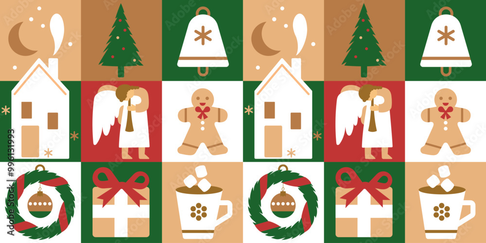 Christmas Geometric seamless pattern bright with festive elements , trees, angels, bells .Fashionable colorful pattern for textiles and wallpapers. vector illustration Christmas Geometric seamless pattern bright with festive elements , trees, angels, bells .Fashionable colorful pattern for textiles and wallpapers. vector illustration