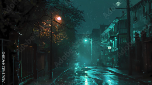 Mysterious Dark Street Illuminated by Emerald Green Light at Night with Pouring Rain and Foggy Ambiance. Faint Building Outlines and a Single Lamppost Casting Long Shadows Over the Empty Road, Creatin