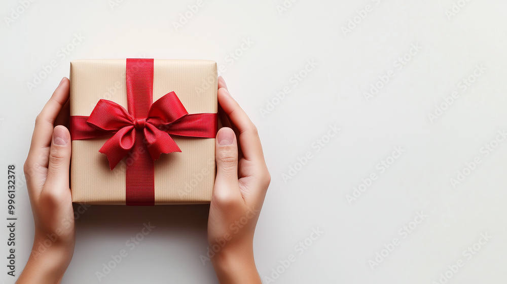 Banner, frame, top view of hands touching a gift box, white background with copy space. Banner, frame, top view of hands touching a gift box, white background with copy space.