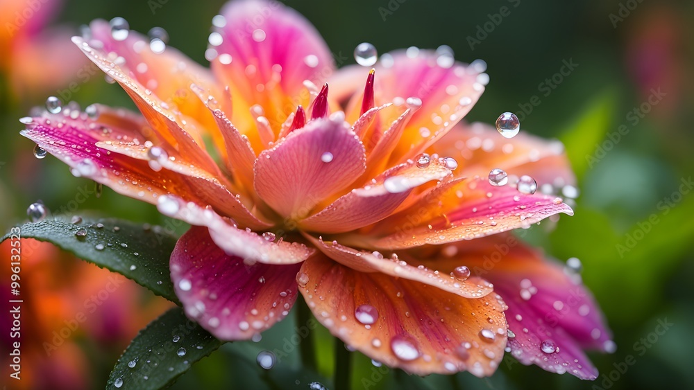 A close-up of a vibrant pink and orange flower with water droplets on the petals. A close-up of a vibrant pink and orange flower with water droplets on the petals.