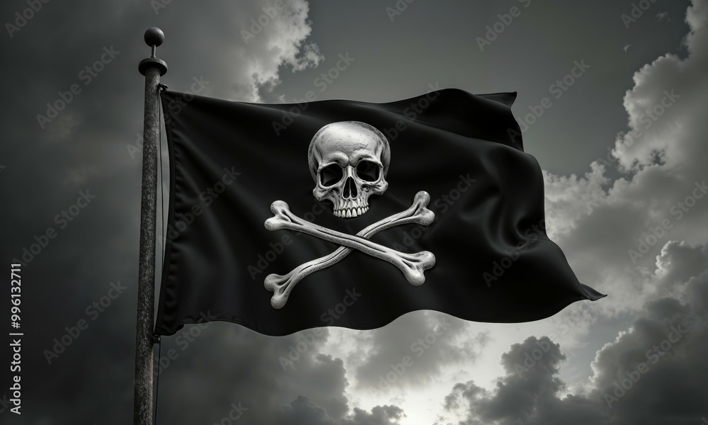 Obraz premium Completely torn and bruised black colored pirate flag (Jolly Roger) fastened to a flagpole flutters in the wind with a skull