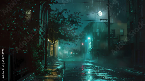 Mysterious Dark Street Illuminated by Emerald Green Light at Night with Pouring Rain and Foggy Ambiance. Faint Building Outlines and a Single Lamppost Casting Long Shadows Over the Empty Road, Creatin