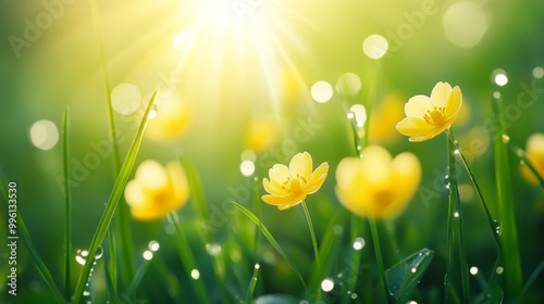 Natural background with wildflowers buttercup. Soft sunlight, green grass covered in dew.