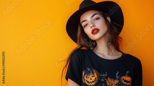 Portrait of a beautiful woman in a hat poses with her head tilted and models a Halloween t-shirt with pumpkins on a yellow background with copy space for text.