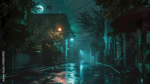 Mysterious Dark Street Illuminated by Emerald Green Light at Night with Pouring Rain and Foggy Ambiance. Faint Building Outlines and a Single Lamppost Casting Long Shadows Over the Empty Road, Creatin