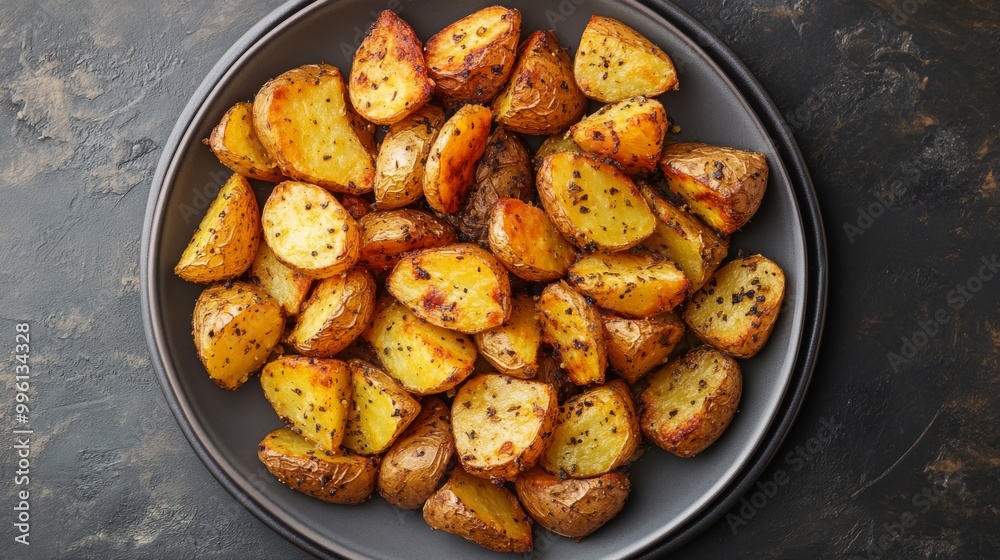 A plate of golden-brown roasted potatoes, shot from directly above. A plate of golden-brown roasted potatoes, shot from directly above.