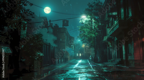 Mysterious Dark Street Illuminated by Emerald Green Light at Night with Pouring Rain and Foggy Ambiance. Faint Building Outlines and a Single Lamppost Casting Long Shadows Over the Empty Road, Creatin