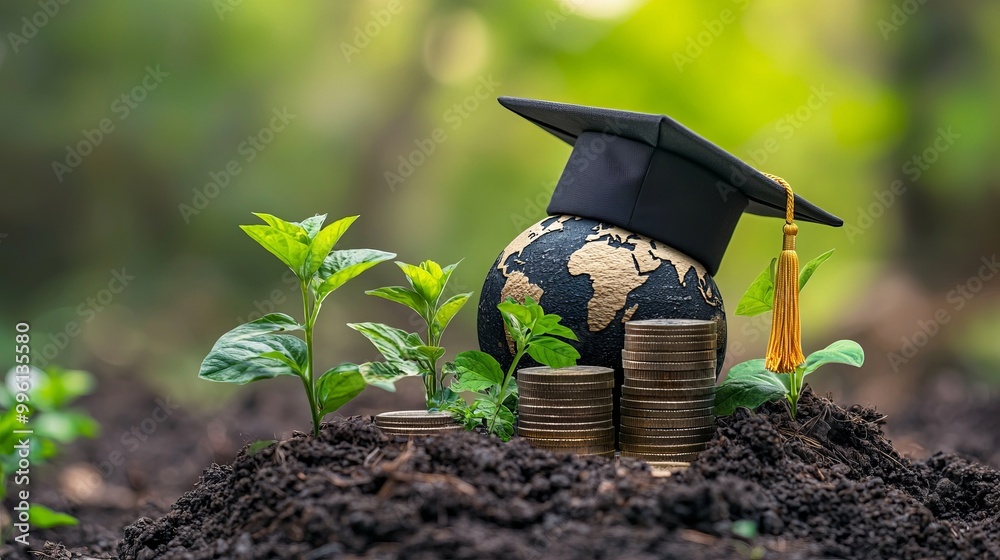 Graduation cap on a globe with plants and coins representing education and growth