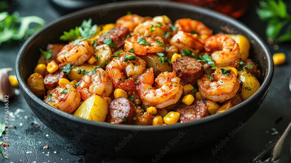 A close-up of a bowl of shrimp, chorizo, potato, and corn casserole. A close-up of a bowl of shrimp, chorizo, potato, and corn casserole.