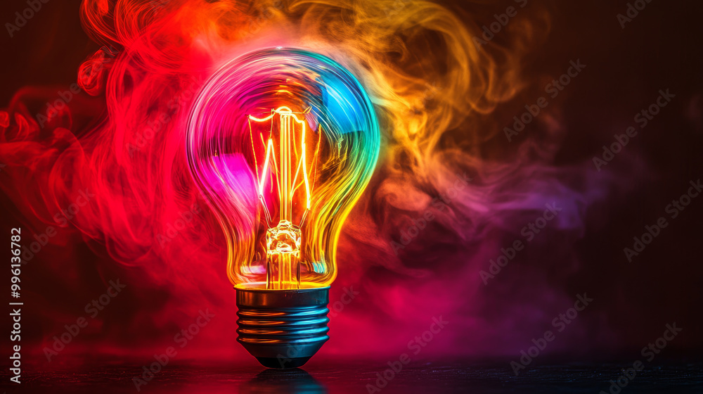 vibrant light bulb surrounded by swirling colorful lines creates mesmerizing visual effect. interplay of colors evokes sense of creativity and inspiration vibrant light bulb surrounded by swirling colorful lines creates mesmerizing visual effect. interplay of colors evokes sense of creativity and inspiration