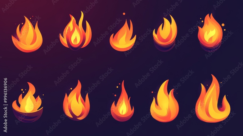 A set of fire flame icons, perfect for representing campfires, bonfires, or flames. These are vector illustrations, meaning they can be resized without losing quality. A set of fire flame icons, perfect for representing campfires, bonfires, or flames. These are vector illustrations, meaning they can be resized without losing quality.
