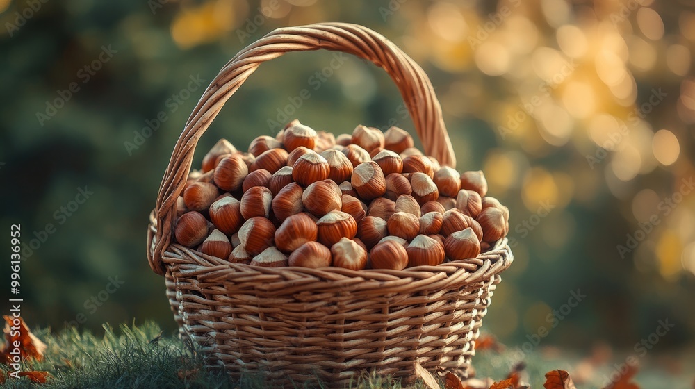 close-up view of hazelnuts in a wicker basket with the garden as the backdrop. a newly harvested hazelnut crop. Thanksgiving. concept of harvesting gardens. close-up view of hazelnuts in a wicker basket with the garden as the backdrop. a newly harvested hazelnut crop. Thanksgiving. concept of harvesting gardens.