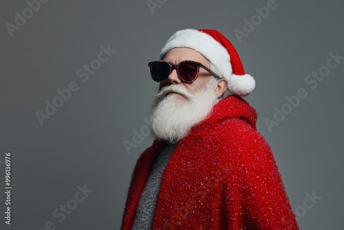 Santa Claus in sunglasses and a red cape on a gray background. Fashion, Santa Claus clothing flyer design, winter feeling with generative ai