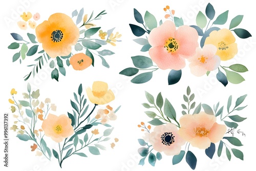 Set of watercolor flower bouquets, clipart isolated on a white background, in pastel colors,