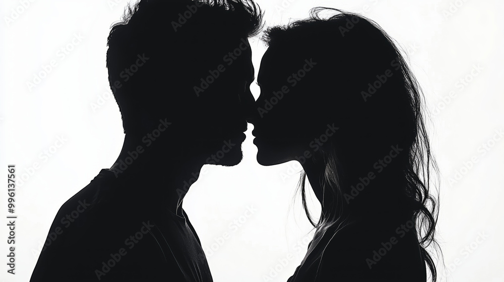 Couple Sharing an Intimate Forehead Kiss, Silhouette Couple Sharing an Intimate Forehead Kiss, Silhouette