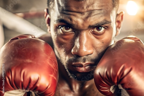 A close-up of a determined boxer with a red glove, showcasing focus and intensity, highlighted by dramatic lighting.