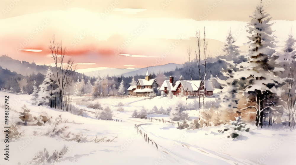 Obraz premium Watercolor of a snowy Christmas landscape