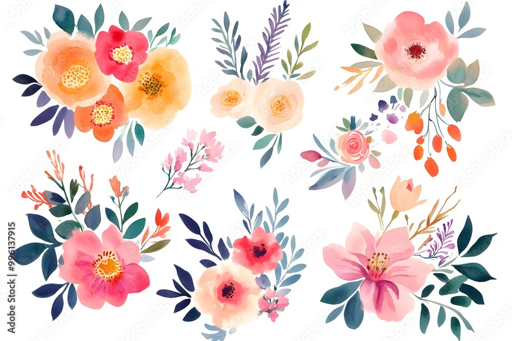 Set of watercolor flower bouquets, clipart isolated on a white background, in pastel colors, Set of watercolor flower bouquets, clipart isolated on a white background, in pastel colors,