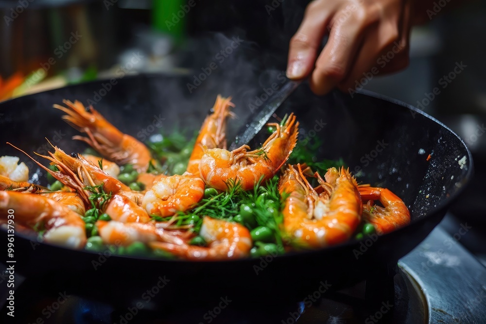 Fototapeta premium Seafood, Professional cook prepares shrimps with sprigg beans. Cooking seafood, healthy vegetarian food and food on a dark background. Horizontal view. Eastern kitchen with generative ai