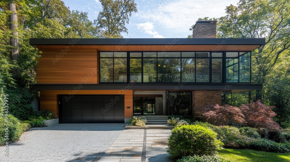Modern house with a garage door. This photo is ideal for showcasing modern architecture and design. Modern house with a garage door. This photo is ideal for showcasing modern architecture and design.