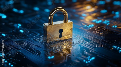 A golden padlock is placed on top of an intricate circuit board, symbolizing the security associated with data protection in digital systems