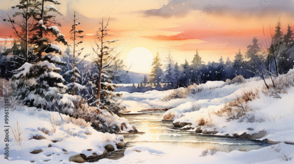 Watercolor of a snowy Christmas landscape Watercolor of a snowy Christmas landscape