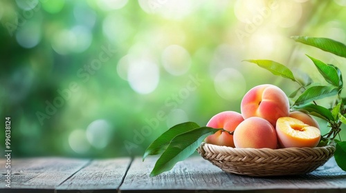 Slices of a fresh peach on a background of hazy greenery, with peach fruit in a bamboo basket on a wooden table in the garden. photo