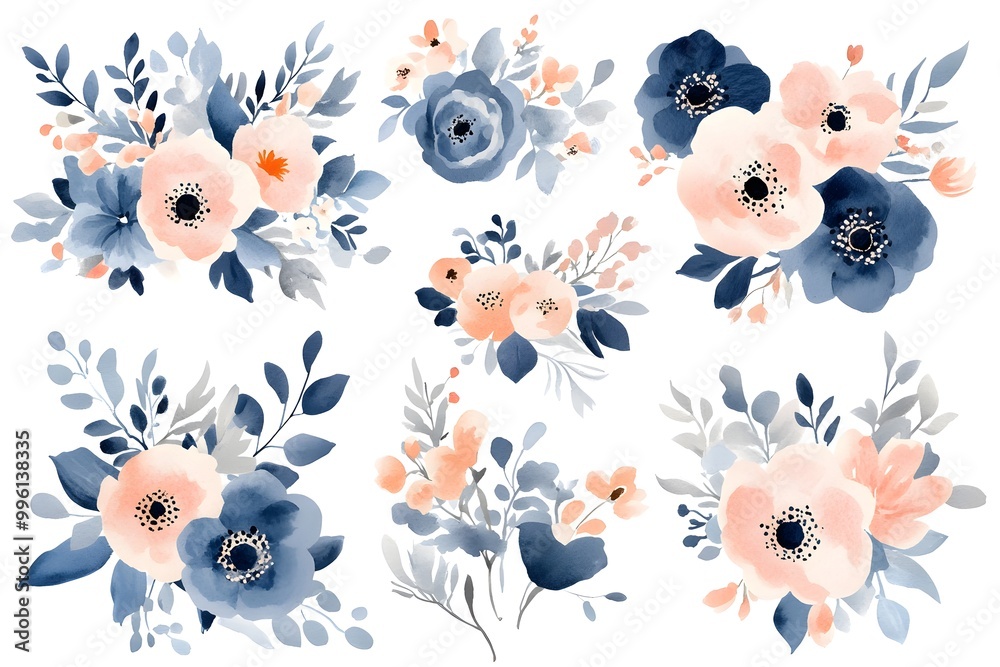 Set of watercolor flower bouquets, clipart isolated on a white background, in pastel colors, Set of watercolor flower bouquets, clipart isolated on a white background, in pastel colors,