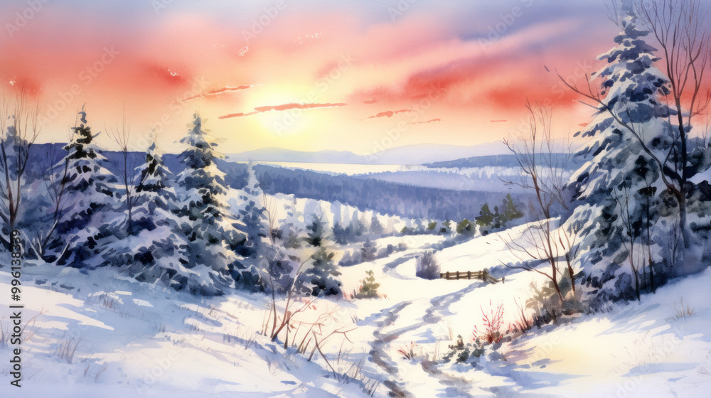 Fototapeta premium Watercolor of a snowy Christmas landscape