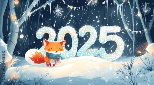 A festive New Year2025 greeting card featuring a cute and playful fox in a snowy forest. The numbers 