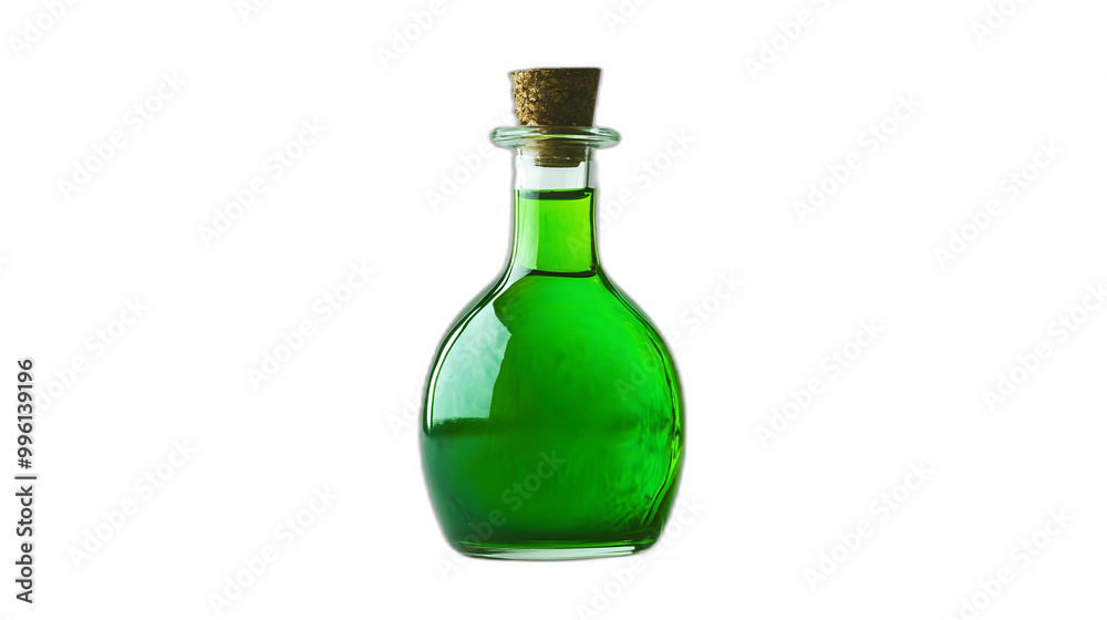 A witches potion bottle with glowing green liquid isolated on a plain white background A witches potion bottle with glowing green liquid isolated on a plain white background