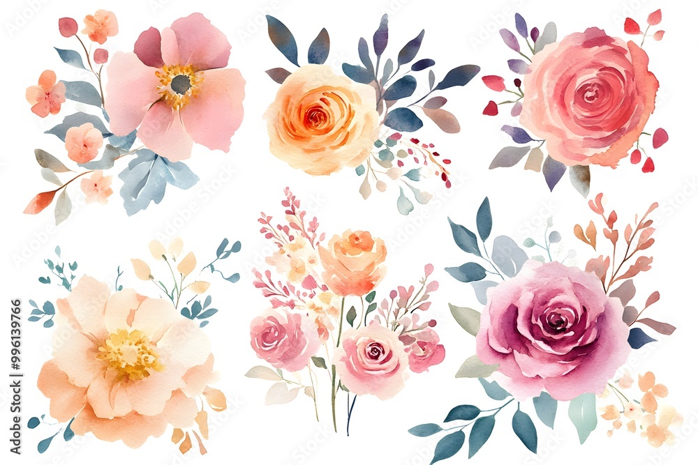 Set of watercolor flower bouquets, clipart isolated on a white background, in pastel colors, Set of watercolor flower bouquets, clipart isolated on a white background, in pastel colors,