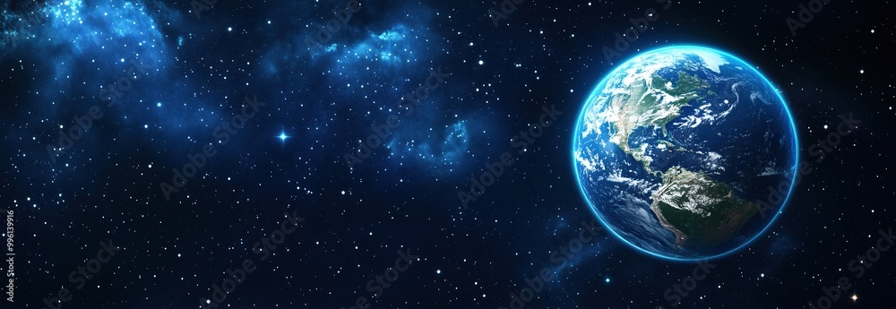 Fototapeta premium A blue and white planet with a star in the background