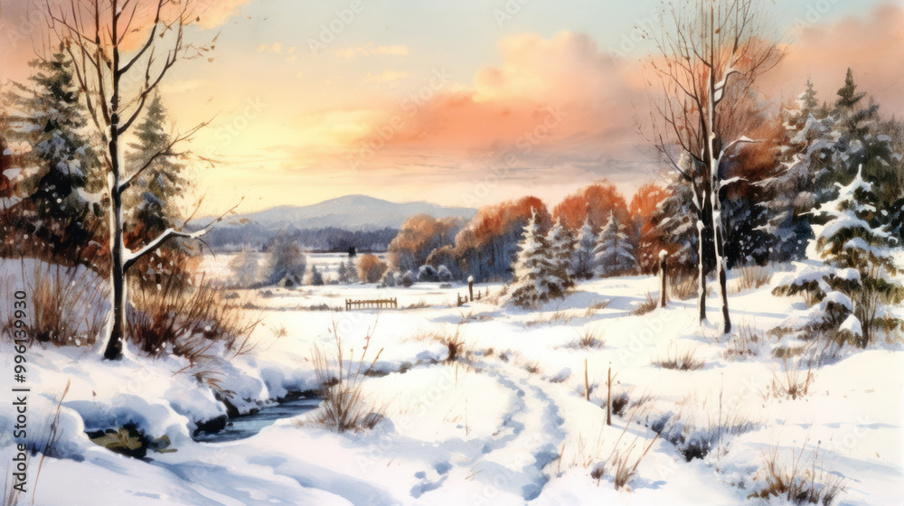 Watercolor of a snowy Christmas landscape Watercolor of a snowy Christmas landscape