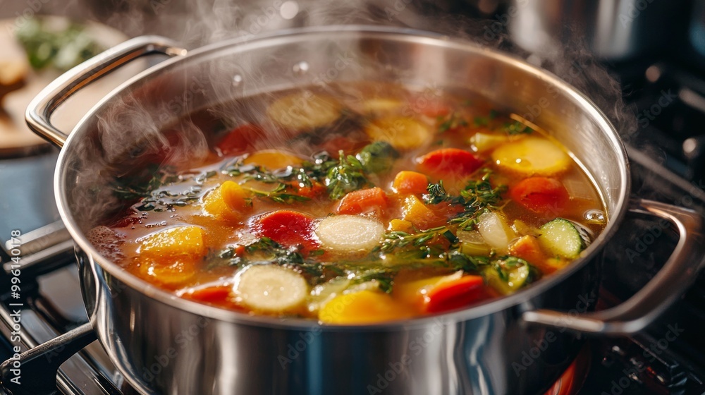 Colorful vegetable soup boiling in a pot on the stove Colorful vegetable soup boiling in a pot on the stove