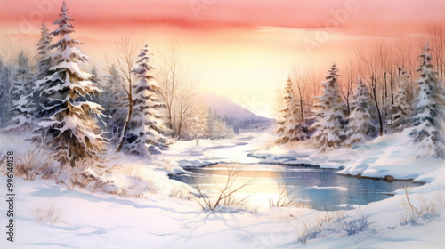 Watercolor of a snowy Christmas landscape