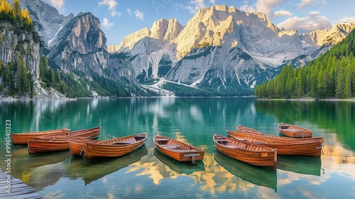 A group of wooden boats are sitting in a lake, with mountains in the background