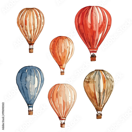  Hand drawn vintage air balloons vector watercolor art isolated on white background