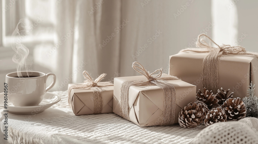 Natural beige gift boxes wrapped in brown paper. AI generation. Natural beige gift boxes wrapped in brown paper. AI generation.