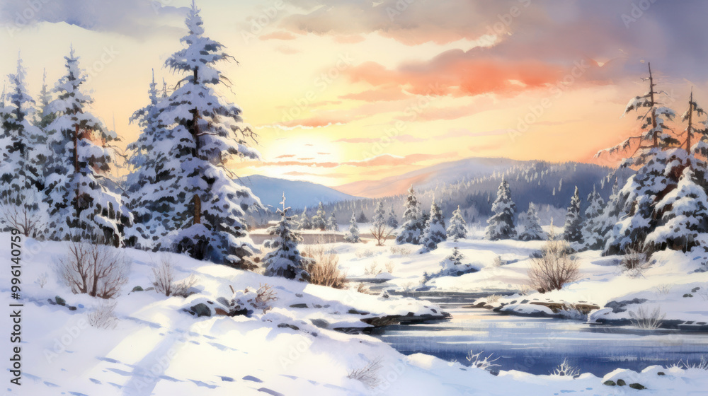 Watercolor of a snowy Christmas landscape Watercolor of a snowy Christmas landscape